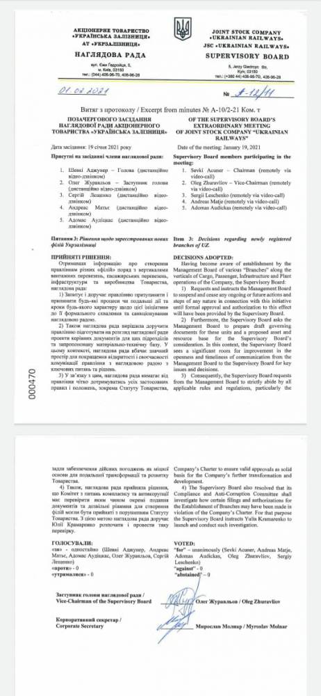 Набсовет «Укрзализныци» поручил остановить работы по созданию филиалов «УЗ Карго» и «УЗ Инфра»